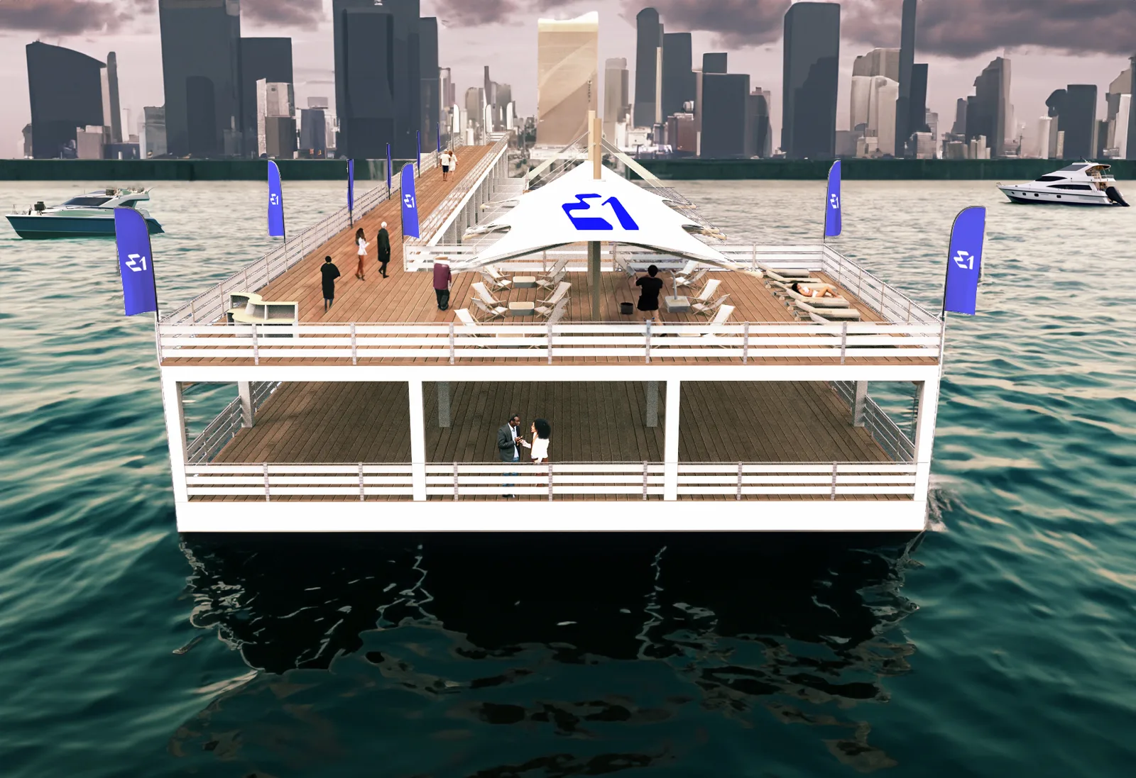 VIP deck — render with urban skyline